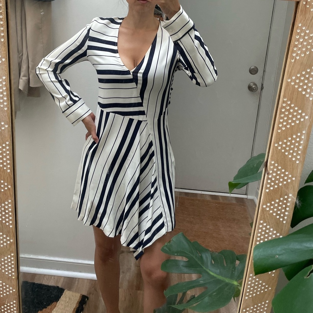 Zara Navy Striped Asymmetrical Dress
